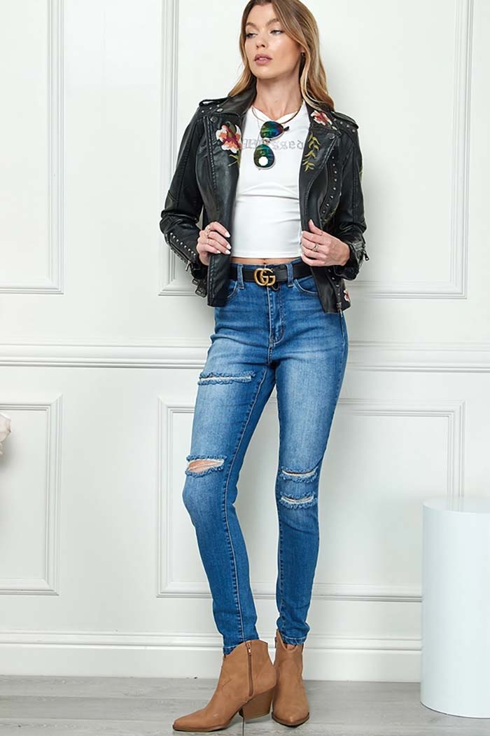 Floral Embroidery Faux Leather Jacket