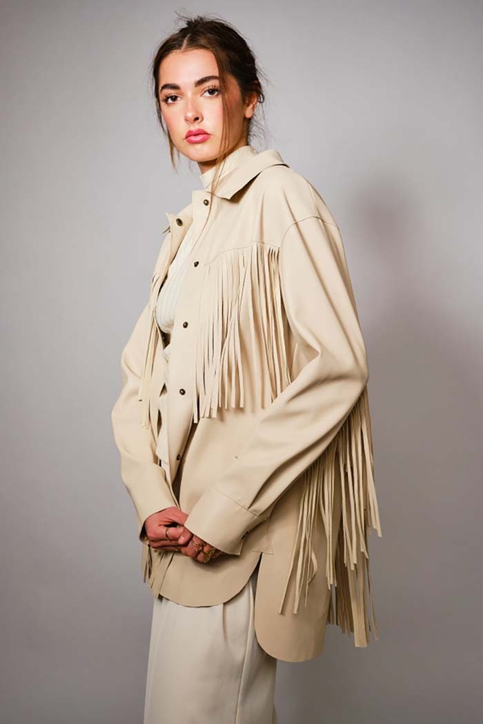 Fringe Trim Faux Leather Jacket