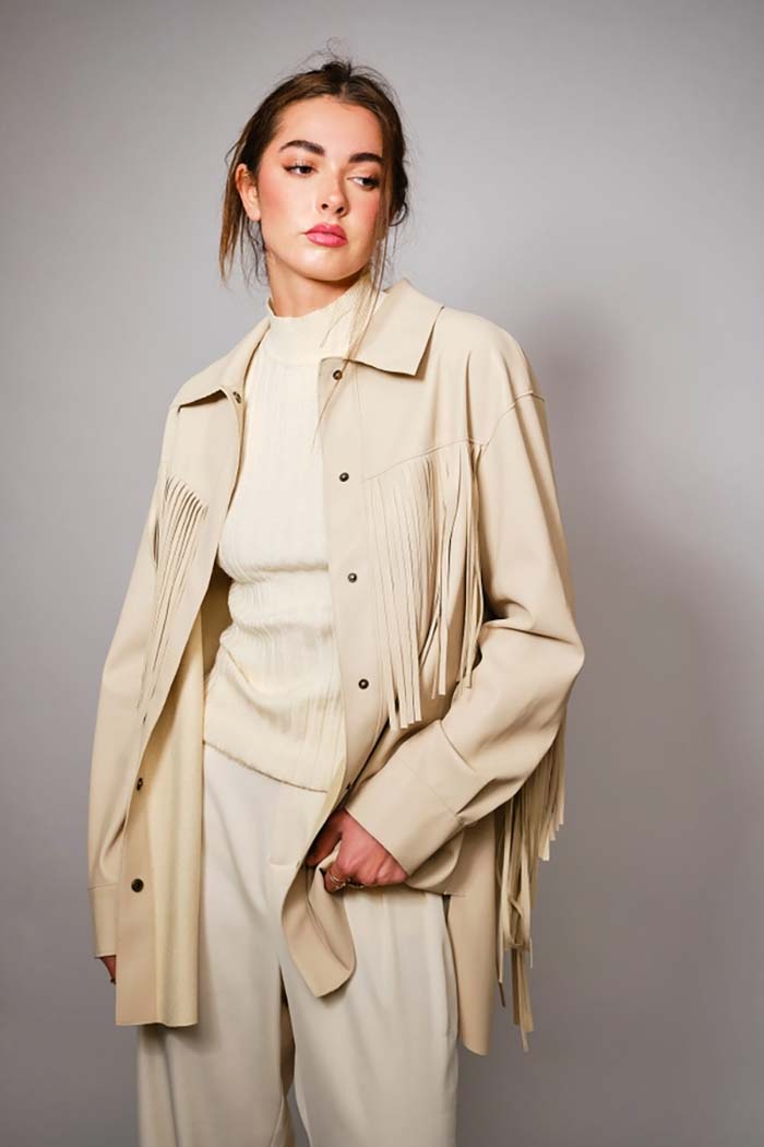 Fringe Trim Faux Leather Jacket