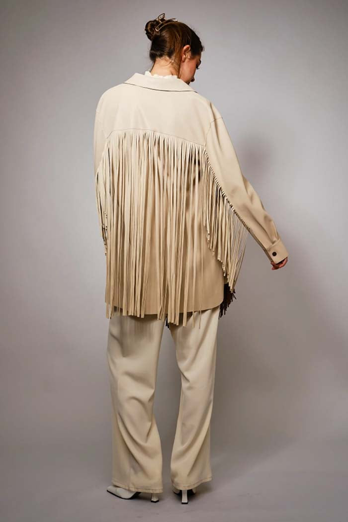 Fringe Trim Faux Leather Jacket