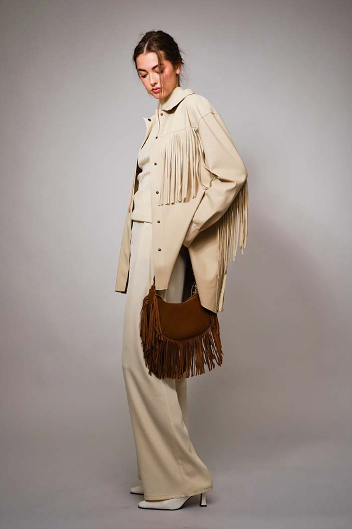 Fringe Trim Faux Leather Jacket