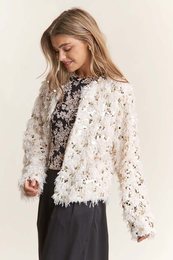 Fuzzy Sequin Open Jacket