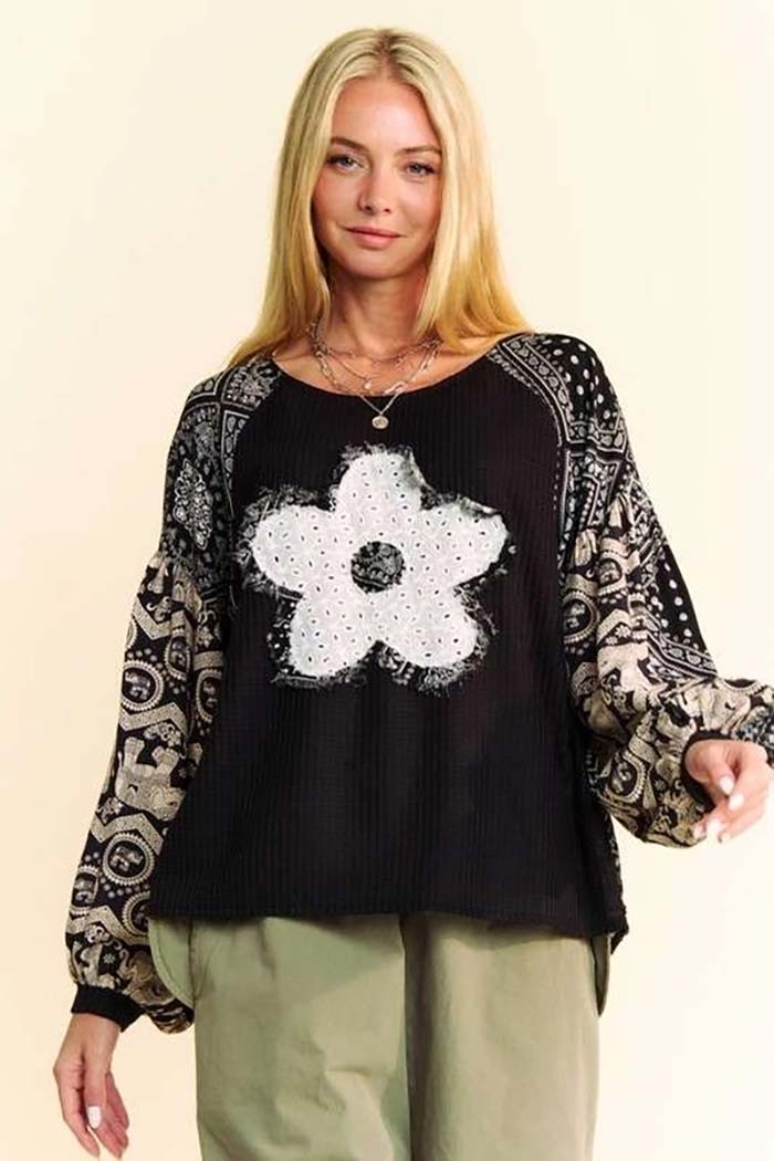 Women's Knit Pullover Top, Balloon Sleeves, Floral Applique