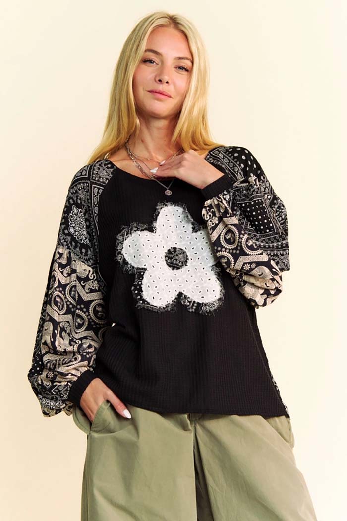 Women's Knit Pullover Top, Balloon Sleeves, Floral Applique