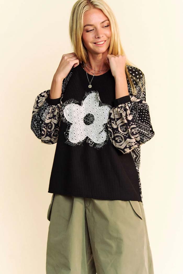 Women's Knit Pullover Top, Balloon Sleeves, Floral Applique