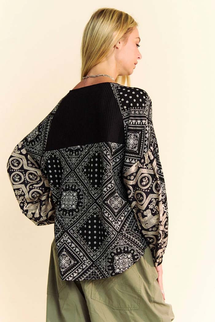 Women's Knit Pullover Top, Balloon Sleeves, Floral Applique
