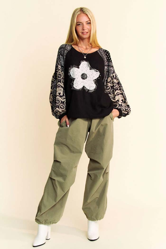 Women's Knit Pullover Top, Balloon Sleeves, Floral Applique