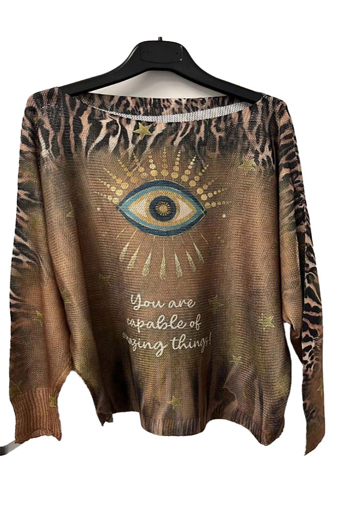 Brown Eye Knit Printed Sweater