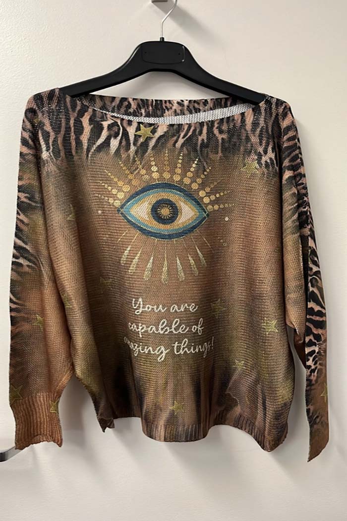 Brown Eye Knit Printed Sweater