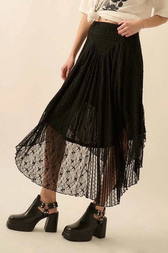 Striped Lace Curved-Hem Midi Skirt