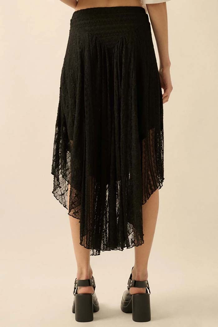 Striped Lace Curved-Hem Midi Skirt