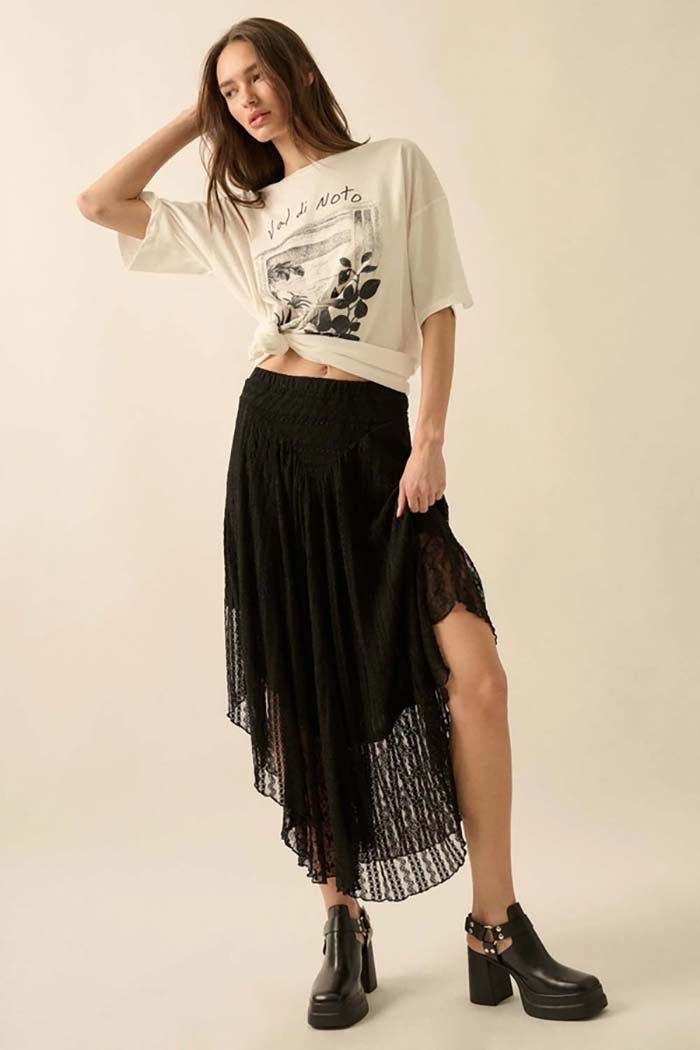 Striped Lace Curved-Hem Midi Skirt