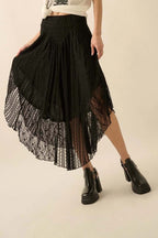 Striped Lace Curved-Hem Midi Skirt