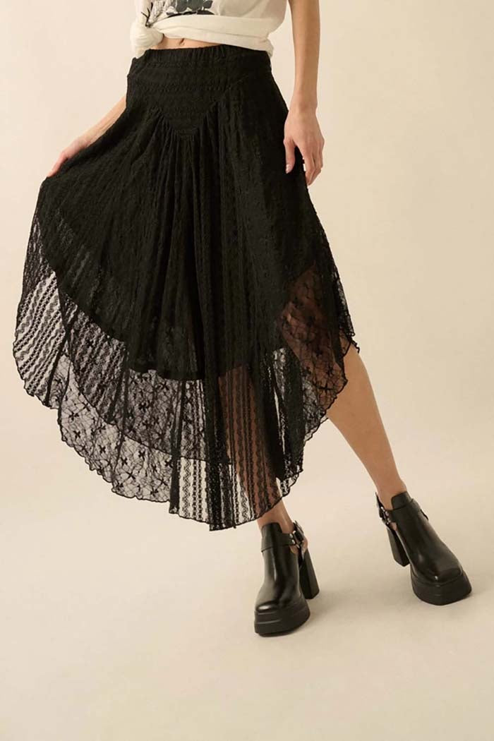 Striped Lace Curved-Hem Midi Skirt