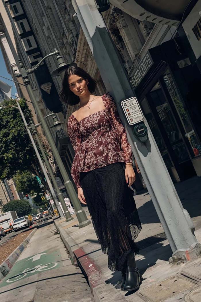 Striped Lace Curved-Hem Midi Skirt