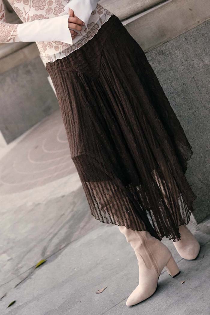 Striped Lace Curved-Hem Midi Skirt