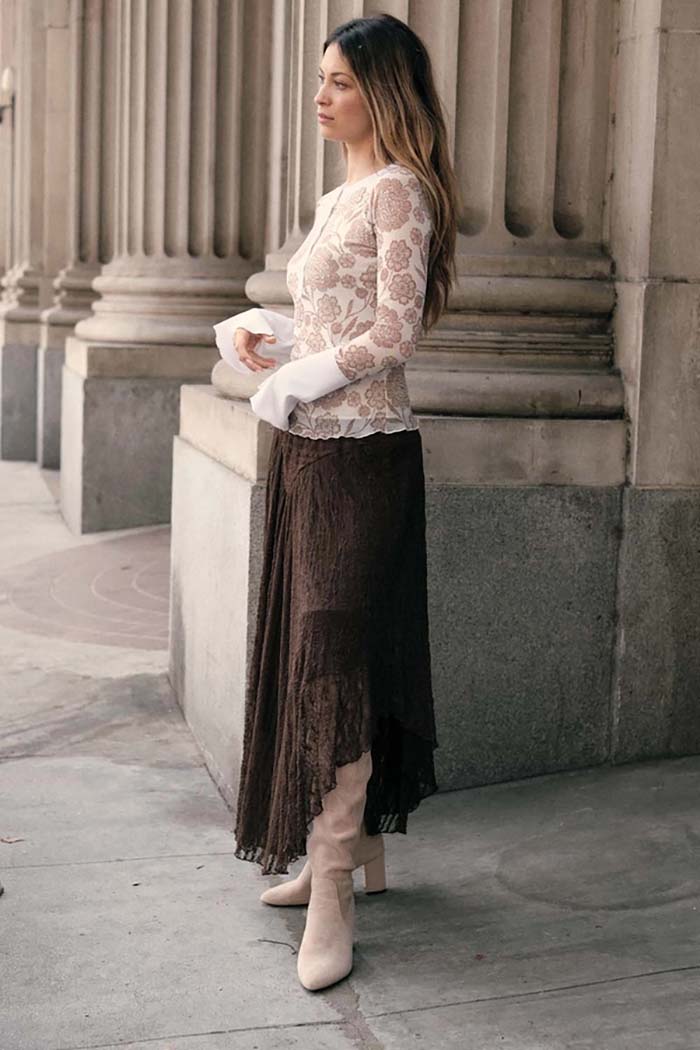 Striped Lace Curved-Hem Midi Skirt