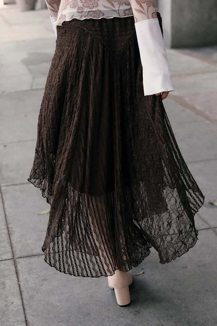 Striped Lace Curved-Hem Midi Skirt