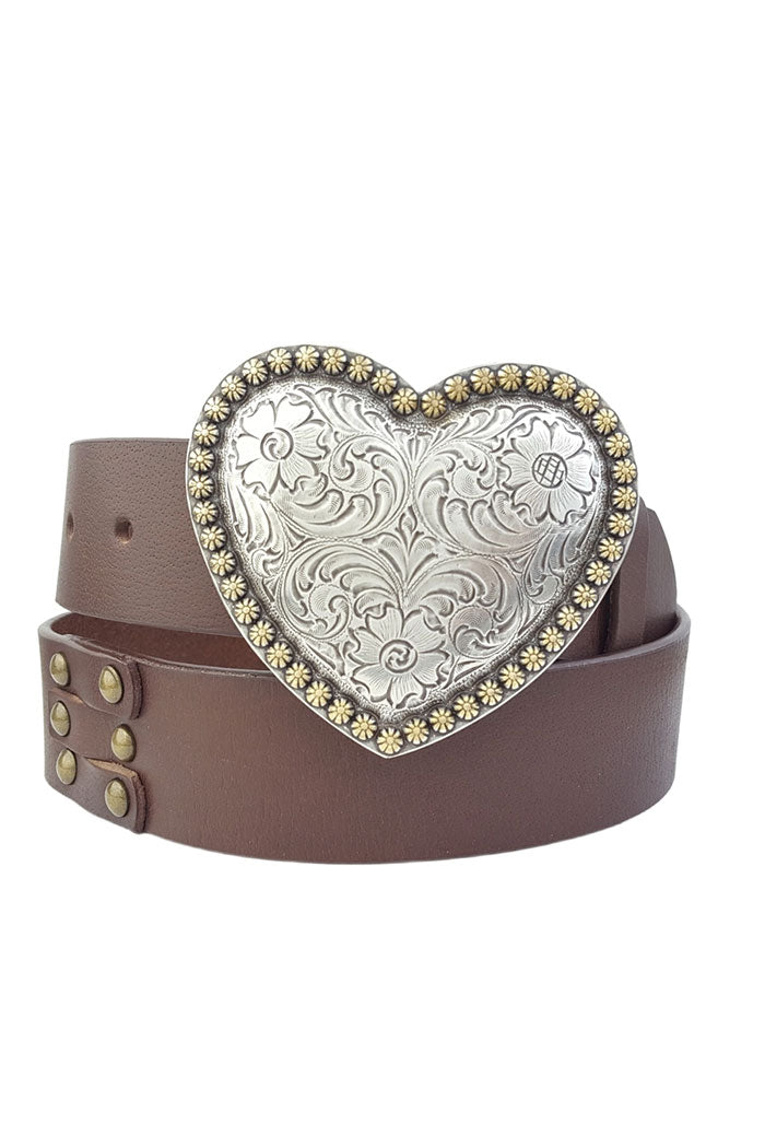 Studded Leather Belt with Heart Buckle