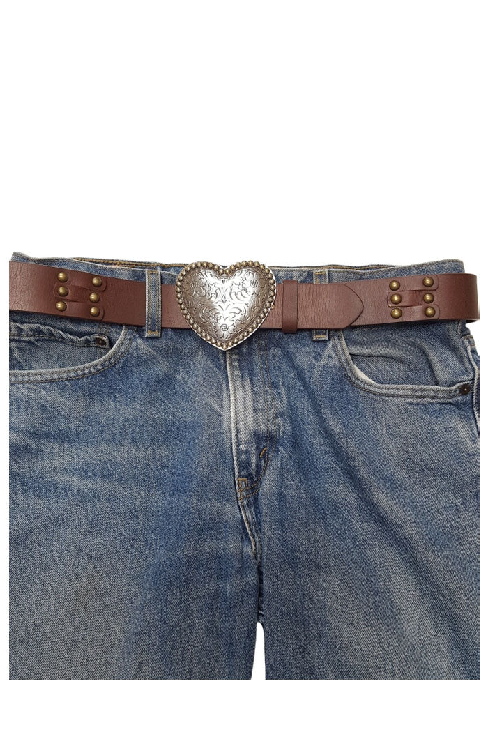 Studded Leather Belt with Heart Buckle