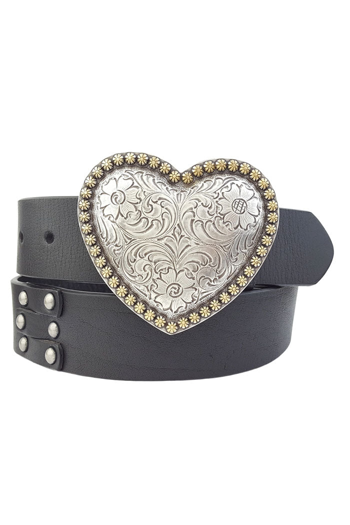 Studded Leather Belt with Heart Buckle