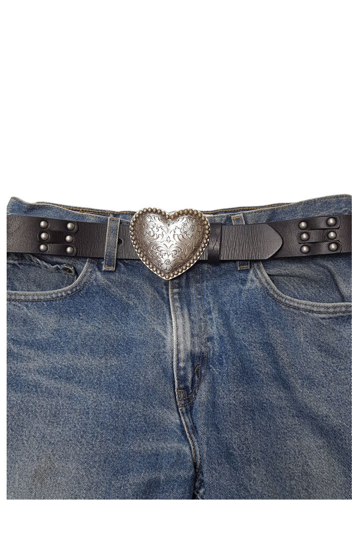 Studded Leather Belt with Heart Buckle
