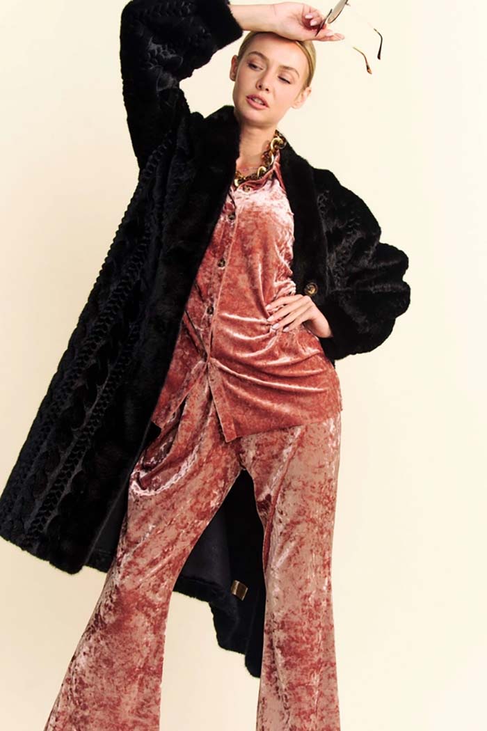 Fuzzy Fur Rib Pattern Long Coat