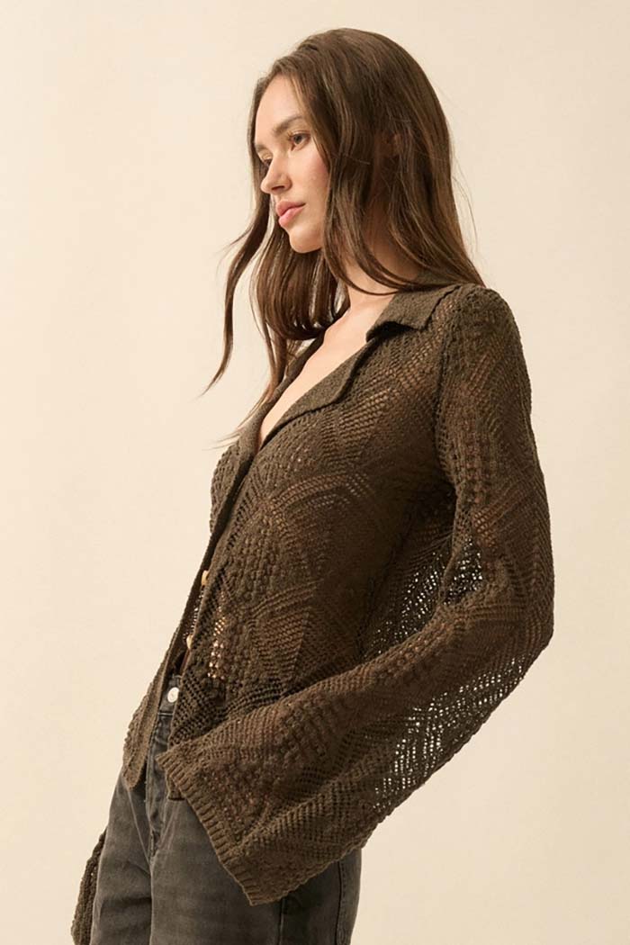 Pointelle Bell-Sleeve Cardigan