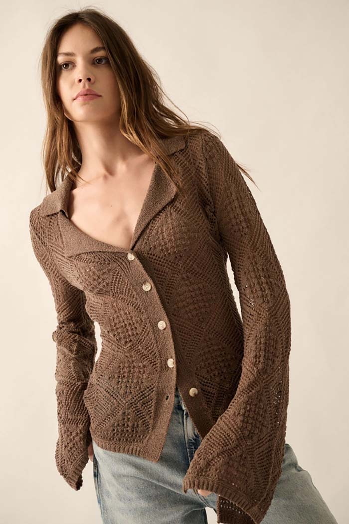 Pointelle Bell-Sleeve Cardigan