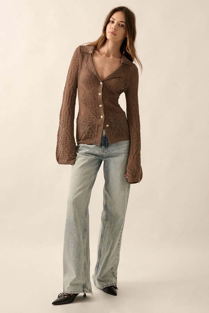 Pointelle Bell-Sleeve Cardigan