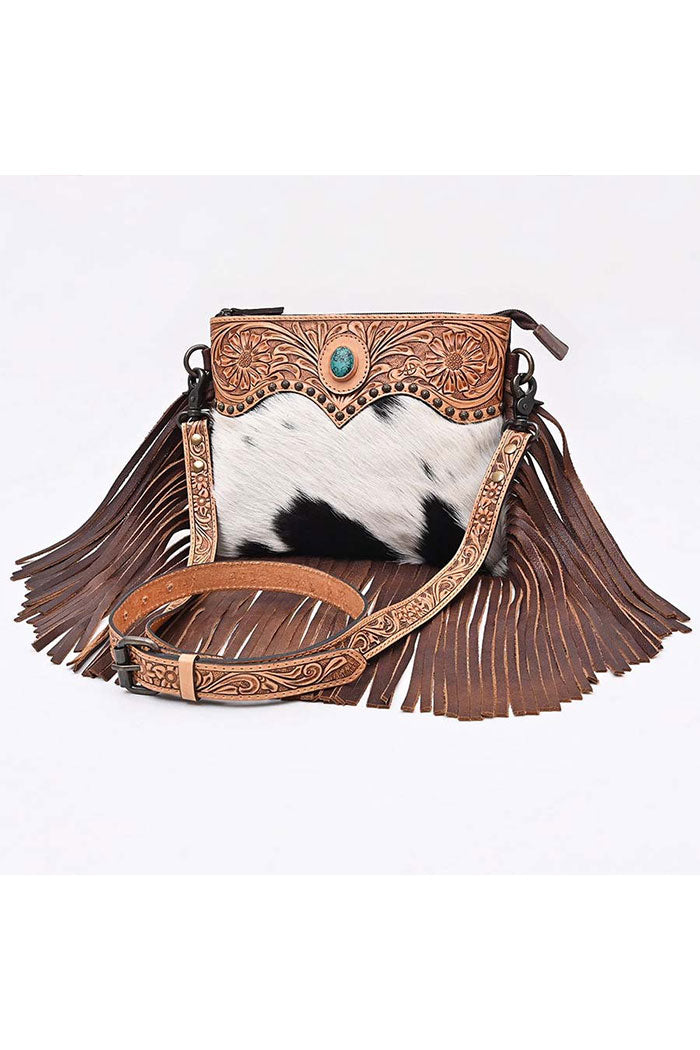 Cowhide Fringe Hand-Tooled Leather Crossbody Bag