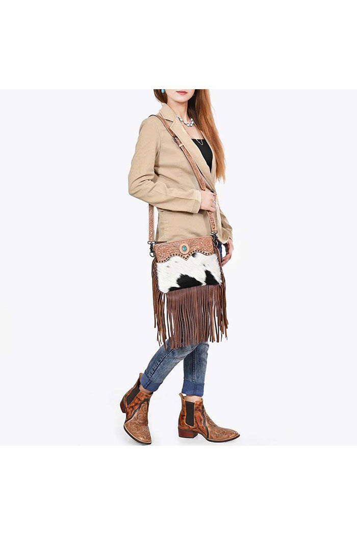 Cowhide Fringe Hand-Tooled Leather Crossbody Bag