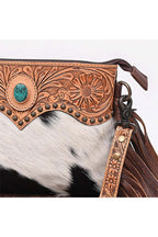 Cowhide Fringe Hand-Tooled Leather Crossbody Bag