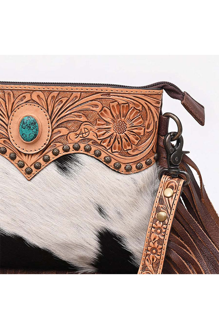 Cowhide Fringe Hand-Tooled Leather Crossbody Bag