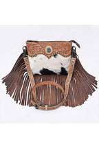Cowhide Fringe Hand-Tooled Leather Crossbody Bag