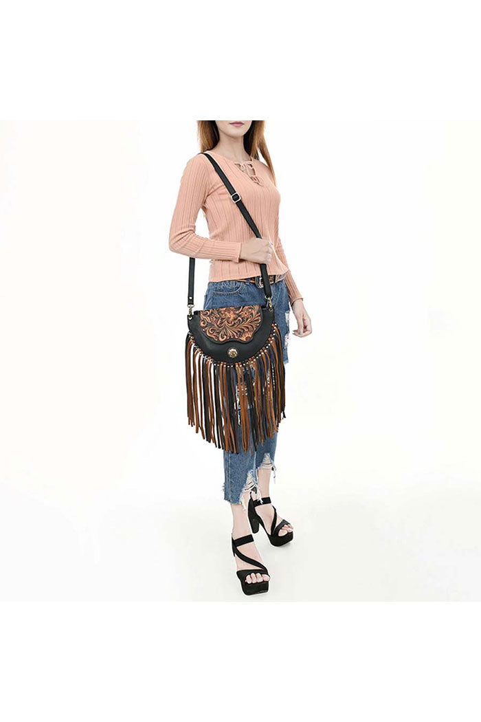 Western Tooled Leather Fringe Crossbody