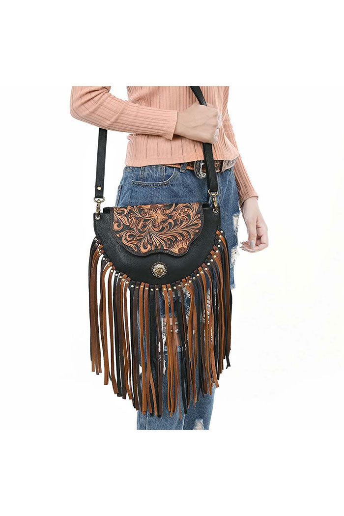 Western Tooled Leather Fringe Crossbody