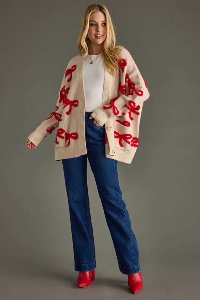 Bow Detail Button-Up Cardigan
