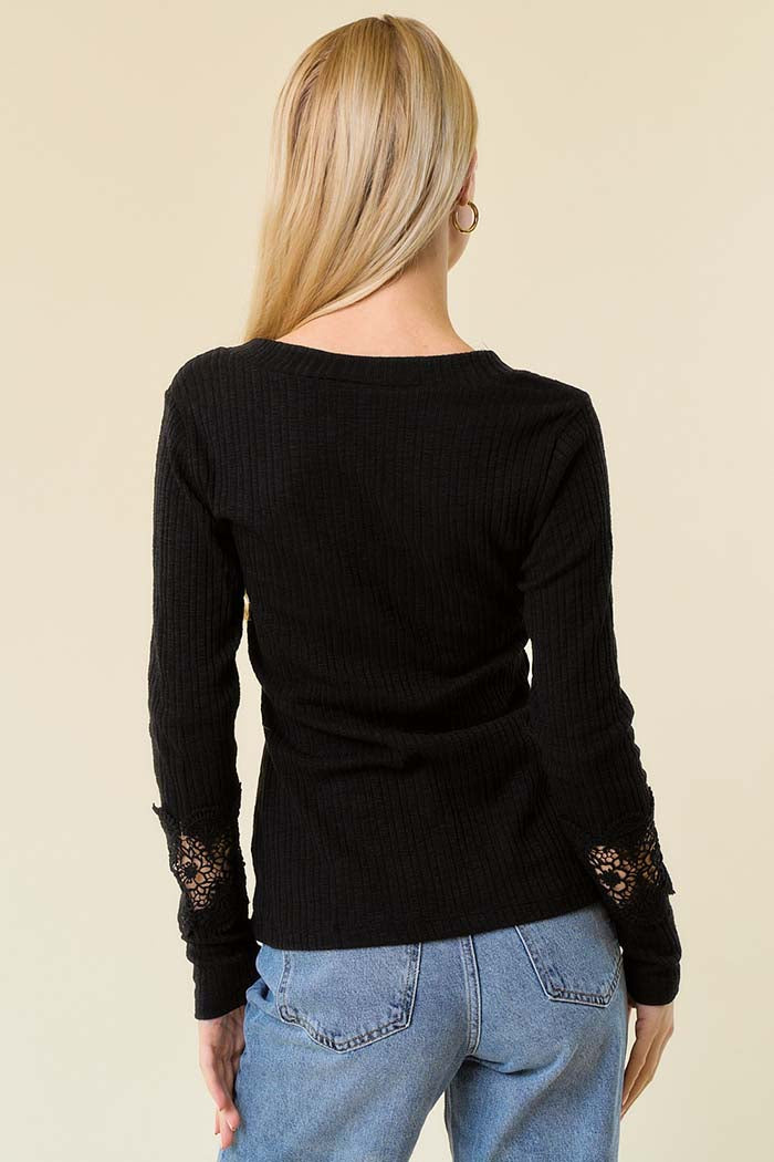 V-Neck Lace Trim Knit Top
