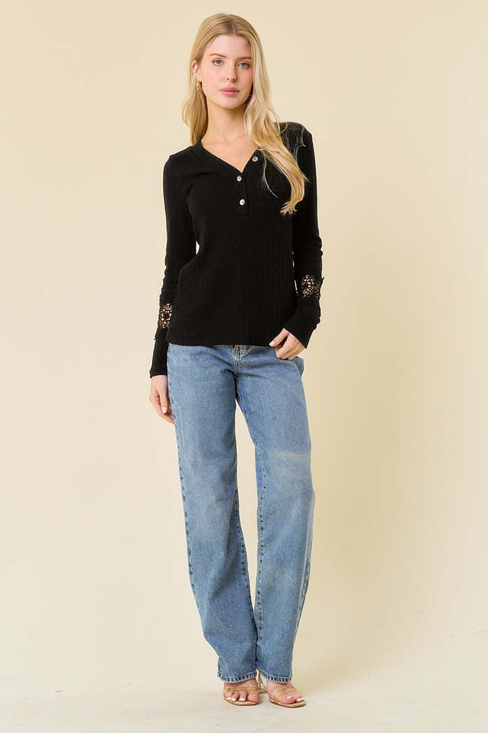 V-Neck Lace Trim Knit Top