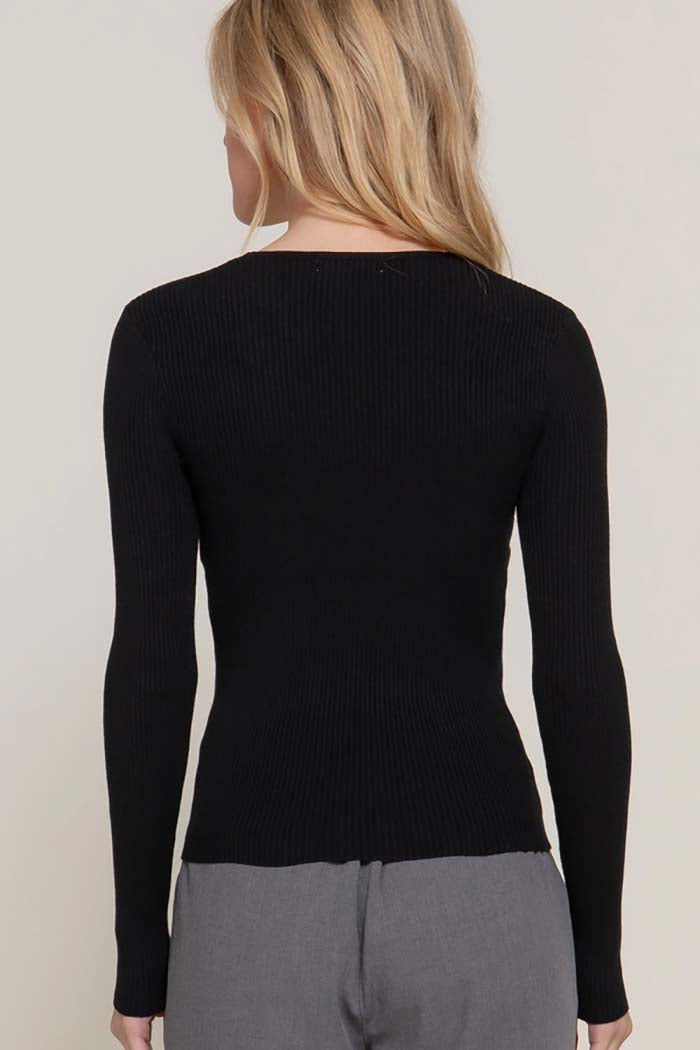 V-Neck Fitted Viscose Rib Sweater Top