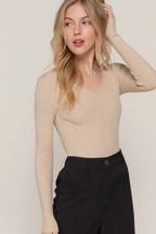 V-Neck Fitted Viscose Rib Sweater Top