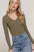 V-Neck Fitted Viscose Rib Sweater Top