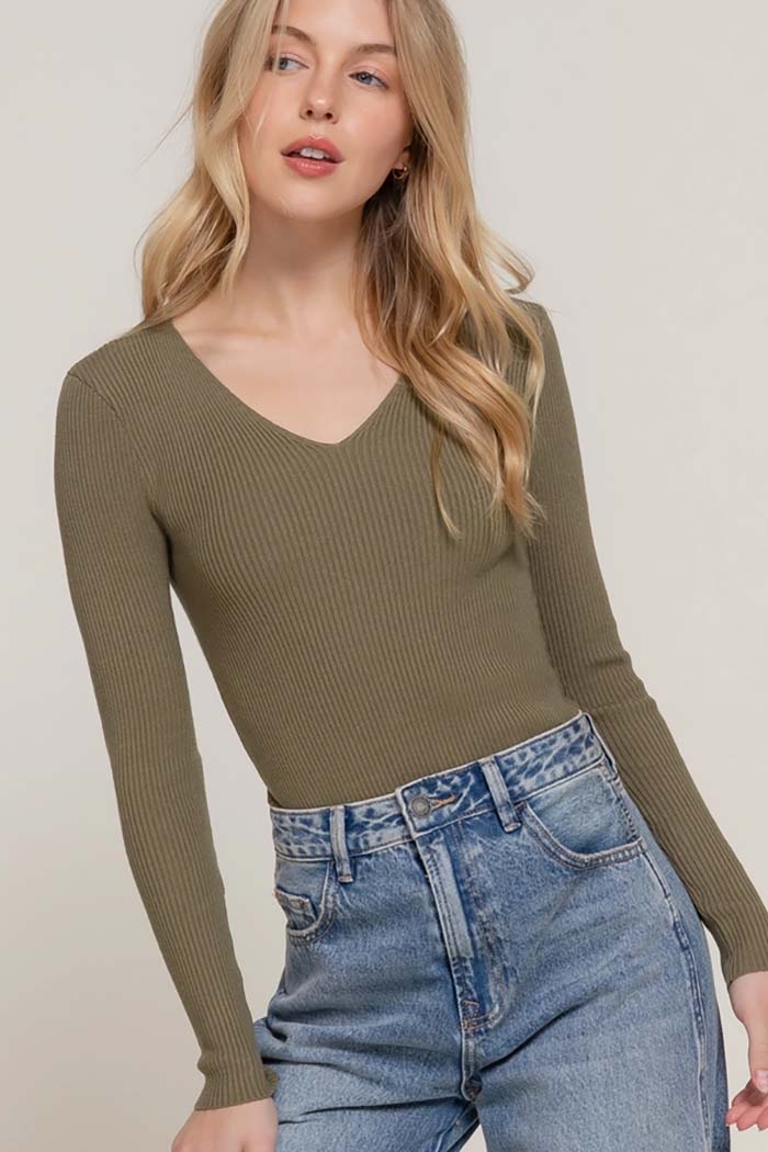 V-Neck Fitted Viscose Rib Sweater Top