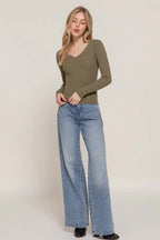 V-Neck Fitted Viscose Rib Sweater Top