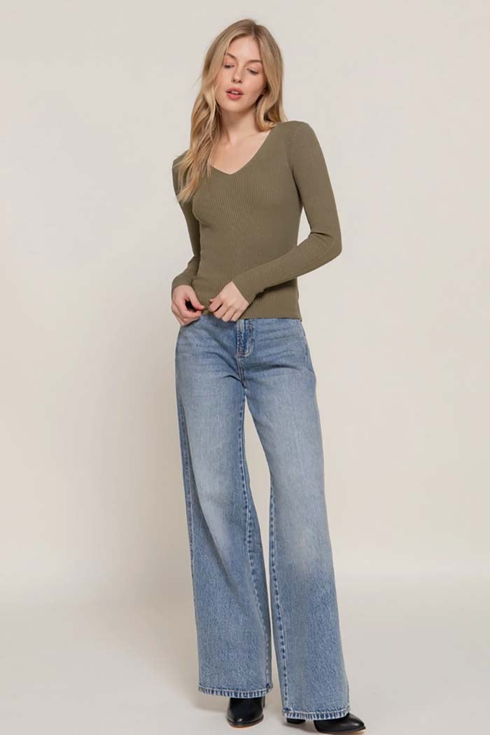 V-Neck Fitted Viscose Rib Sweater Top