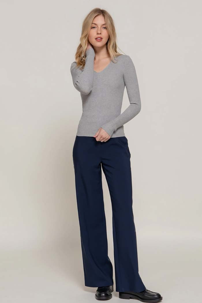 V-Neck Fitted Viscose Rib Sweater Top
