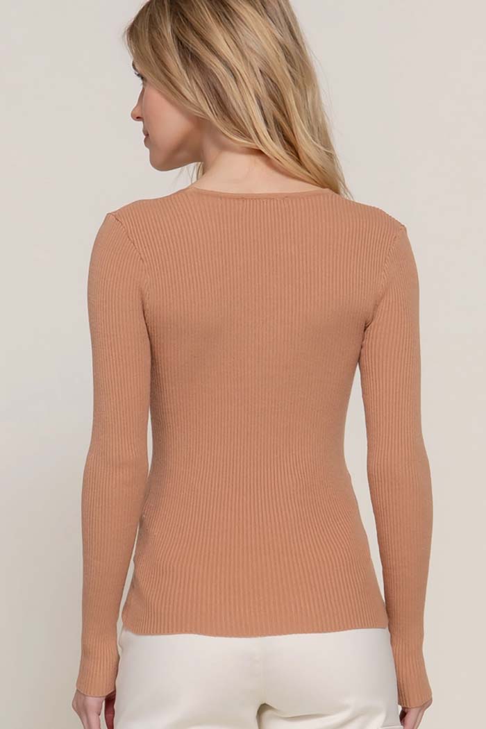 V-Neck Fitted Viscose Rib Sweater Top