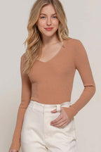 V-Neck Fitted Viscose Rib Sweater Top