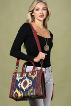 Ethnic Motif Suede-Trim Tote